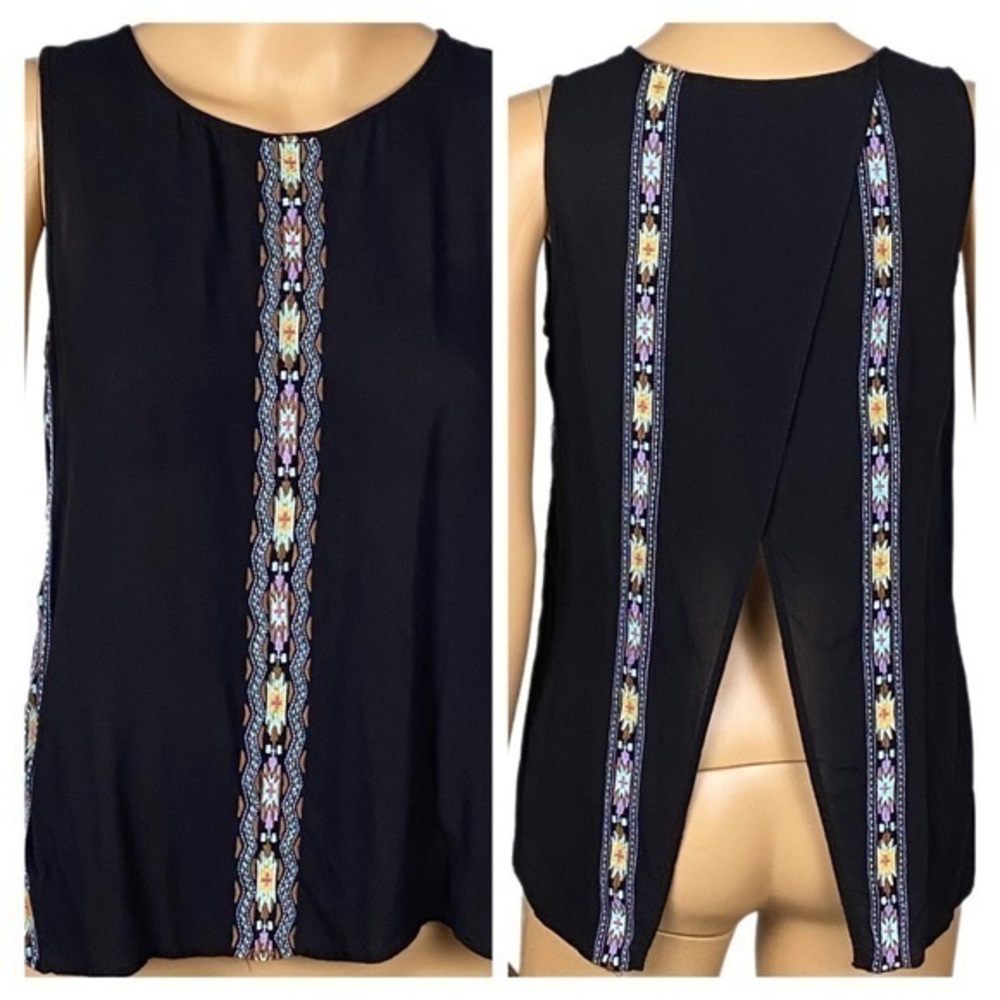 THML/ANTHROPOLOGIE black tank top with open back & southwestern stripes. XS. EUC